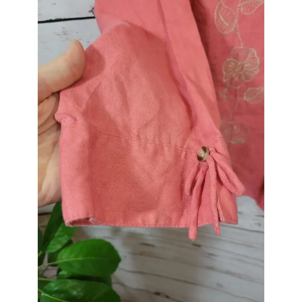 JM Collection Peach Embroidered 100% linen 3/4 Sleeve‎ Top Women's Size 14P